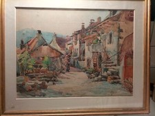 magnifique tableau aquarelle scéne de village corse haut en couleur signature