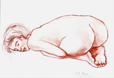 Beau dessin original d'une jeune femme nue, au fusain brun, signé J.C. MAES