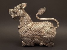 BOITE A BETEL  AU TIGRE BIRMANIE MYANMAR CUIVRE  ARGENTE / ART ASIATIQUE