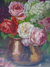 BRUNEL de NEUVILLE, belle & grande chromolithographie, fleurs, roses & pivoines