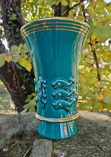 Vase céramique VERCERAM faïence design Art Déco 40-50-60-70 décor poisson vert 