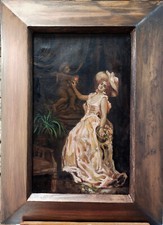 superbe petit tableau ancien: femme posant au chapeau; 33x21 cm