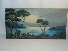 TABLEAU SPLENDIDE ANTIQUE BORD DE COTE MÉDITERRANÉEN HUILE SUR TOILE SIGNÉ BRAIM