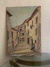 Tableau ancien huile paysage village animé fauvisme scène de genre signé