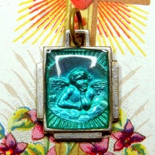 Cherub, Putti, Baby. Little Medal. Antique Enamel Pendant.