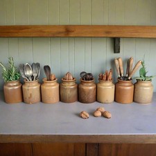Set of 8 Vintage French Stoneware Mustard Pots – Rustic Farmhouse Jars