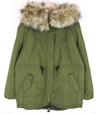Replay Femme Veste M Vert Capuche Fermeture Éclair Parka Fausse Fourrure Doublé