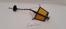 ANCIEN LUSTRE LANTERNE FER FORGÉE VERRE JAUNE- CIRCA 1950