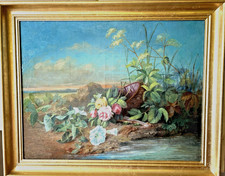 Grand tableau ancien nature morte aux fleurs roses signé XIX goût école Barbizon