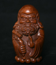 3.4" Old China Boxwood Wood Carved Arhat Damo Bodhidharma Dharma Buddha Statue