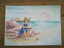 vf33 Aquarelle Ysée D'Ys - Style années 30 - plage fillette jouet voilier