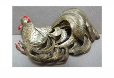 Broche géante en forme de coq en métal argenté et émail  Bijou ancien brooch