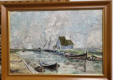 Tableau Ancien Huile Paysage Marin Bateaux Impressionniste XXème
