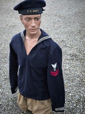 Marin US Navy jumper WW2 1939 45 TBE bonnet bâchis bleu avec étiquette ruban