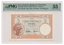 NOUVELLE CALÉDONIE billet de 5 Francs 1926 PMG AU 55 environ non circulé