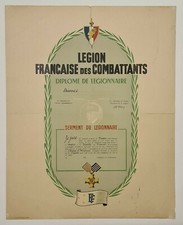 Legion Française des Combattants - Diplome de légionnaire vers 1940 Politique