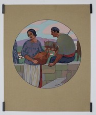 Floutier Louis Maïtena - Couple de Basques Estampe au pochoir Pays Basque