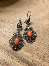 Paire Boucle Oreille Kabyle Berbère Argent Massif Corail