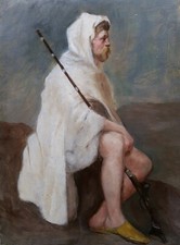 Tableau orientaliste portrait jeune homme costume oriental fusil turc Ottoman