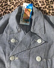 FRENCH 1930s WORKWEAR BUTCHER JACKET~DOUBLE-BREASTED~BLUE & WHITE HOUNDSTOOTH~XS