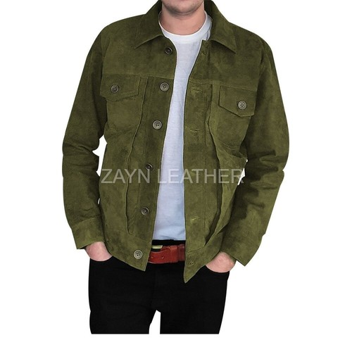 Veste cuir daim vert olive - en,
