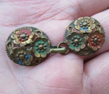 RARE Paire ATTACHE AGRAFE de CAPE FLEURS COULEUR METAL fermeture bouton old Clip