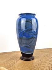 Vase bleu vintage signé - ancienne poterie vernissé