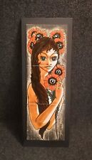 Tableau céramique Signé PIROT Déco Vintage Jeune Femme Fleurs Tahitienne 60's