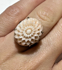 Victorien 14K Or Britannique Ange Peau Corail Sculpté Pivoine Fleur Sz 6.5 Bague