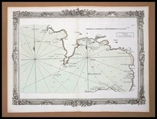 Carte maritime ancienne des cotes de Bretagne, 1766,gravure originale en couleur