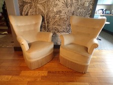 PAIRE 2 FAUTEUIL CRAPAUD-TISSU vert clair-VINTAGE-DESIGN 50 60