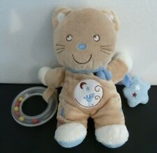 *. DOUDOU POMMETTE CHAT BEIGE ECHARPE BLEU OISEAU ANNEAU BILLES ETOILE - TTBE