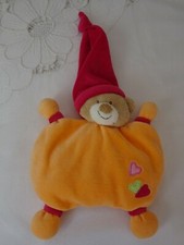 OURS HOCHET NATTOU DOUDOU PLAT ORANGE BONNET FUSCHIA  BRODERIE COEURS 32 CM 