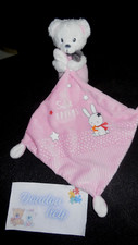 123B/ doudou mouchoir ours blanc rose Sweet dreams brodé lapin MOTS D'ENFANTS