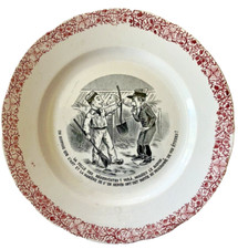 VIEILLE, RARE ASSIETTE PARLANTE 2 " MILITAIRE " EN FAIENCE DE PEXONNE (LORRAINE)