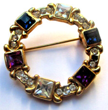 Ancienne broche couleur or cristaux diamant saphir améthyste bijou vintage 2619