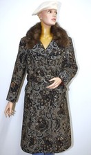 French 60s Long Brown Wool Tapestry Weave Belted Tailored Coat Fur Collar Size M