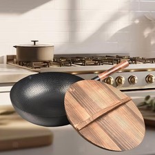 Wok à fond plat, poêle manuelle en fer forgé, casseroles avec manche en bois