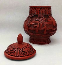 Chinese red lacquered vase pot with lid signed landscape and characters