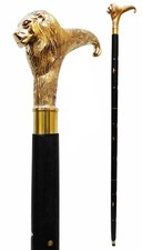 Canne bâton de marche en bois vintage designer manche tête de lion antiquités