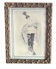 Dessin à l'encre de chine dame période art déco signé O. Guillot