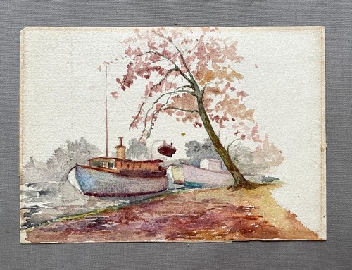 Péniches aquarelle ancienne - aquarelle,