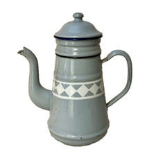 C ❤ L L E C T O R Antique French Enamelware COFFEE POT RARE GREY COLOR Geometric