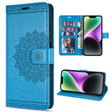 Coque Pour IPhone 14 Étui À Rabat En Cuir PU Avec Poche Pour Cartes Bleu