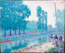 Ancien Tableau  belle Huile/Panneau originale " Le chemin de halage " Années 40