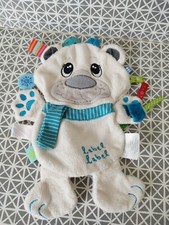 Doudou plat ours  blanc bleu t étiquettes Label Label