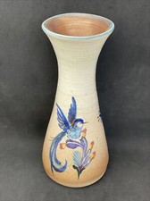 Vase, de R.MAHEO, céramique, pièce unique, décor oiseau bleu et fleurs, signé