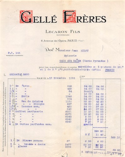 Facture 1925 gelle - facture,