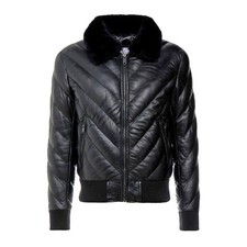 Manteau veste d'hiver col fourrure bombardier en cuir véritable noir et...