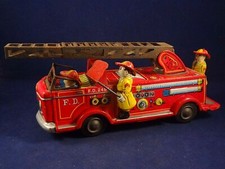 Ancien jouet tôle mécanique animé friction Camion Pompiers F.D. JAPAN Années 50